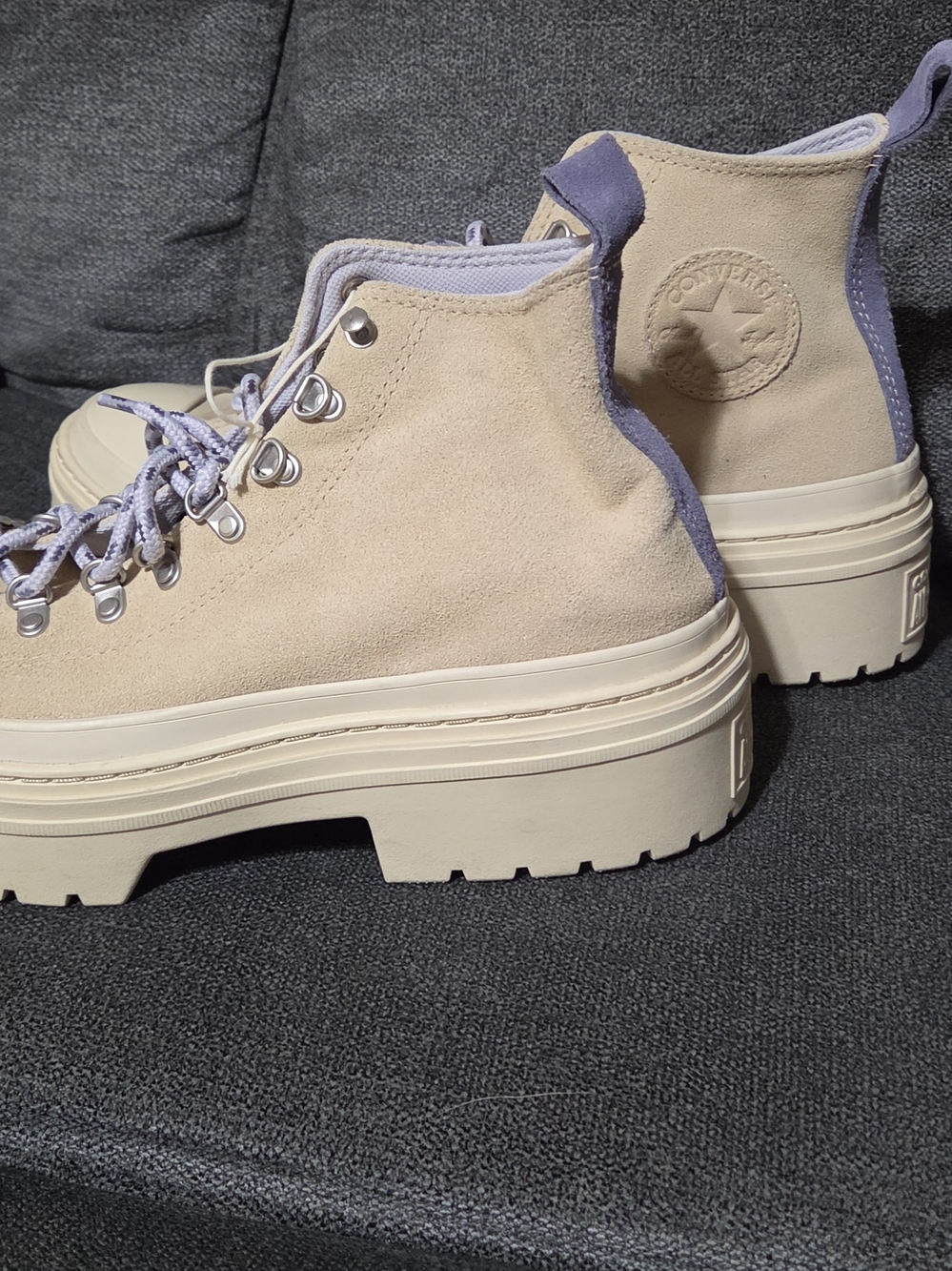 Converse Beige Canvas Platform Lace-Up High-Top Boots with Lavender Accents - Picture 3 of 6